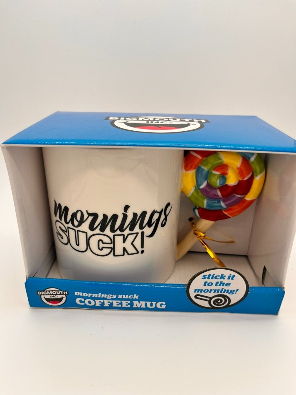 BigMouth Inc Mornings Suck Lollipop Handle Coffee Mug Funny Novelty Gag Gift NIB